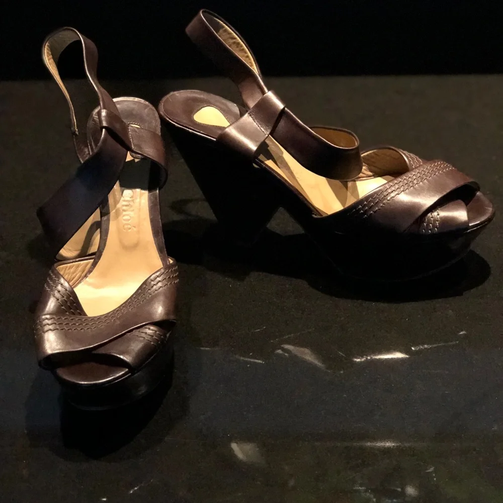 Chloé Brown Leather Platform Wedge Sandals 38.5 Made Italy Designer Heels - Picture 4 of 9